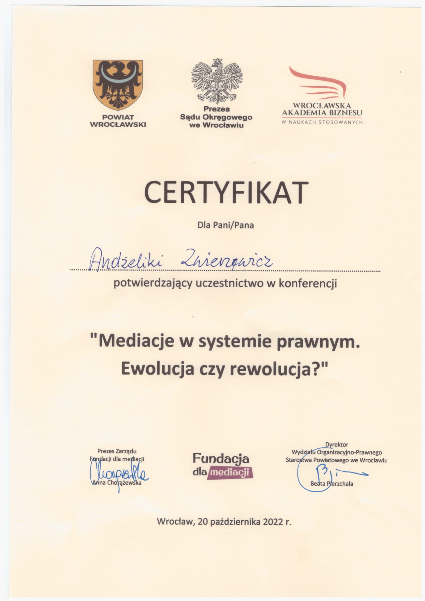 Certyfikat z konferencji na temat mediacji
